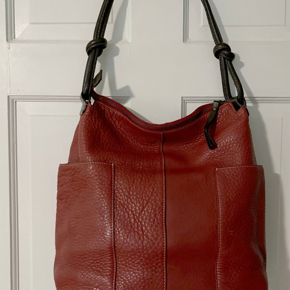 Sundance Catalog Red Pebble Leather bucket bag with big side pockets - Picture 3 of 5